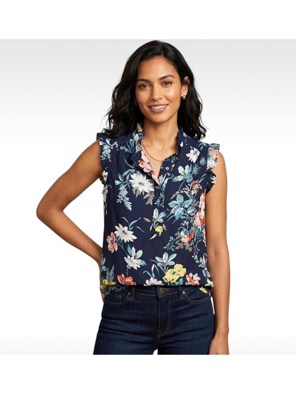 LOFT Size Small Navy Floral Sleeveless Ruffle Top EUC